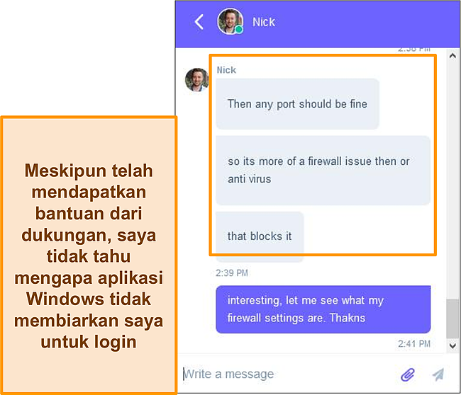 Tangkapan layar pertukaran obrolan dengan dukungan langsung VPN.Asia.