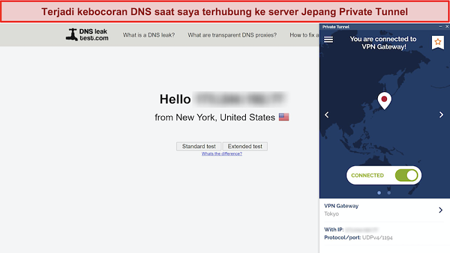 Tangkapan layar DNSleaktest.com menunjukkan koneksi dari New York meskipun terhubung ke server di Jepang.