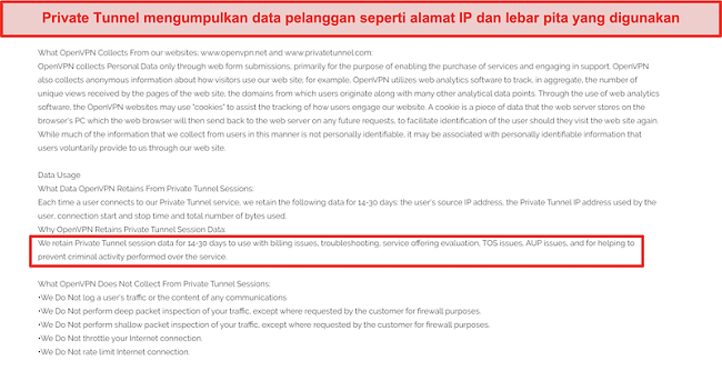 Tangkapan layar dari pengumpulan data, penyimpanan, dan kebijakan penggunaan Private Tunnel.