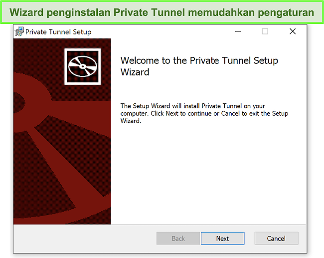 Cuplikan layar wizard penginstalan Private Tunnel.