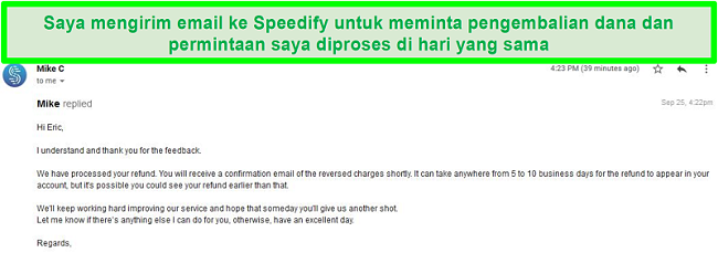 Tangkapan layar email dari dukungan Speedify yang memproses permintaan pengembalian dana