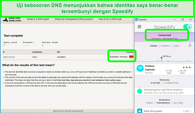 Tangkapan layar uji kebocoran DNS saat Speedify tersambung ke server Jerman