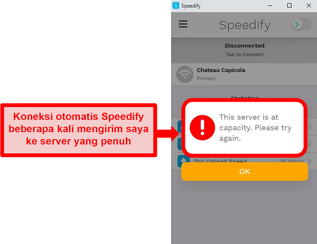 Tangkapan layar antarmuka pengguna Speedify yang menampilkan pesan kesalahan bahwa server dalam kapasitasnya