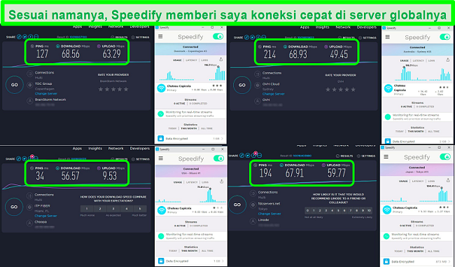 Tangkapan layar uji kecepatan saat Speedify terhubung ke server di Denmark, Australia, AS, dan Jepang