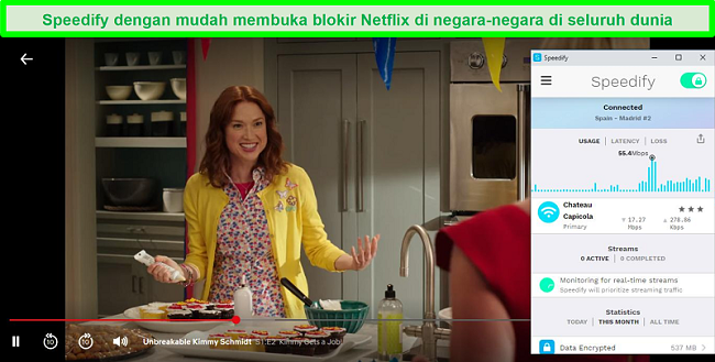 Tangkapan layar Netflix memutar Kimmy Schmidt yang tidak dapat dipecahkan saat Speedify tersambung ke server dalam bahasa Spanyol