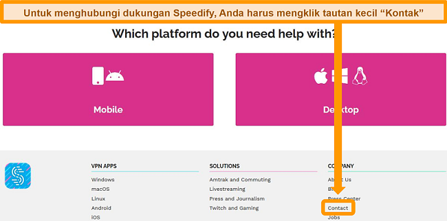 Tangkapan layar halaman dukungan di situs web Speedify