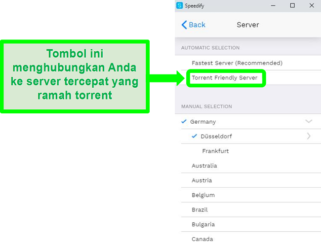 Tangkapan layar dari menu pemilihan server Speedify