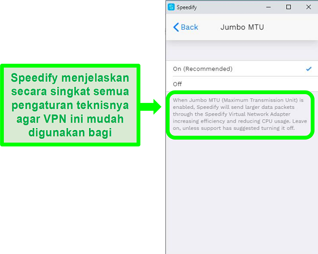 Tangkapan layar penjelasan di bawah salah satu pengaturan Speedify