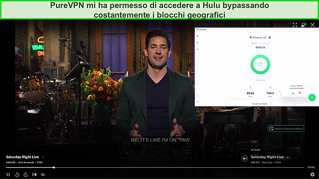 Screenshot di PureVPN che sblocca Hulu.