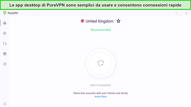 Screenshot dell'app Windows di PureVPN che mostra la sua interfaccia semplice e pulita.