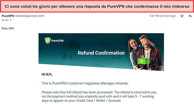 Screenshot della risposta e-mail del team di fatturazione di PureVPN che conferma una richiesta di rimborso.
