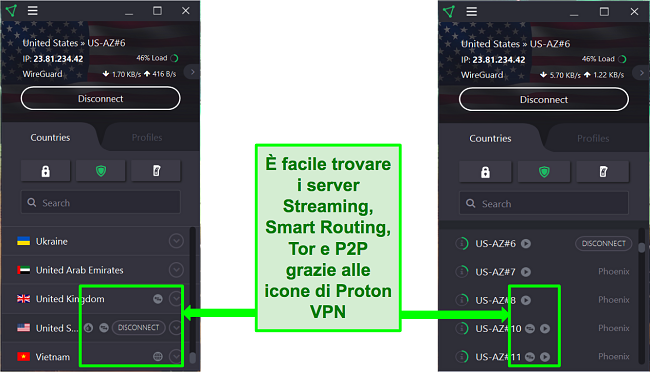 Screenshot che mostra le varie icone visualizzate accanto ad alcuni server VPN Proton
