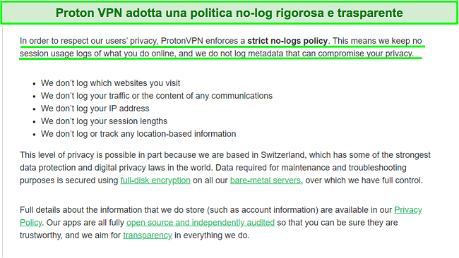 Screenshot di un'informativa sulla privacy di Proton VPN sulle sue pratiche di registrazione