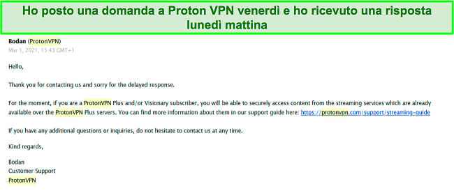 Screenshot del mio scambio di email con l'assistenza clienti di Proton VPN