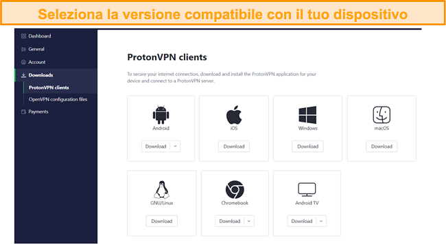 Screenshot della pagina di download di ProtonVPN per i dispositivi compatibili