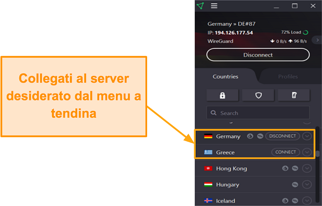 Screenshot che mostra la schermata di connessione di ProtonVPN dopo aver selezionato un server dall'elenco