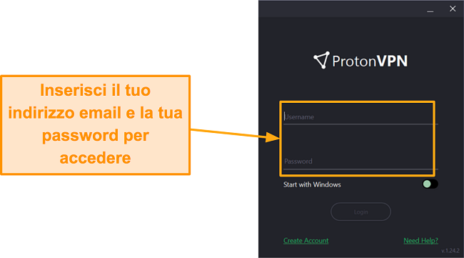 Screenshot della pagina di accesso di ProtonVPN