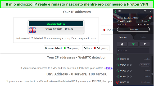 Screenshot del risultato del mio test di tenuta IP con Proton VPN connesso