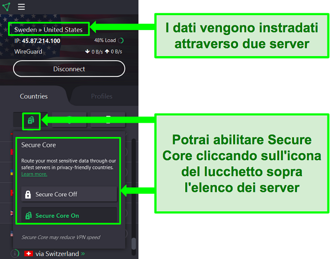 Screenshot della mia interfaccia di connessione durante la connessione alla rete Secure Core di Proton VPN