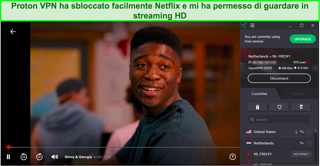 Screenshot di Proton VPN che sblocca Netflix