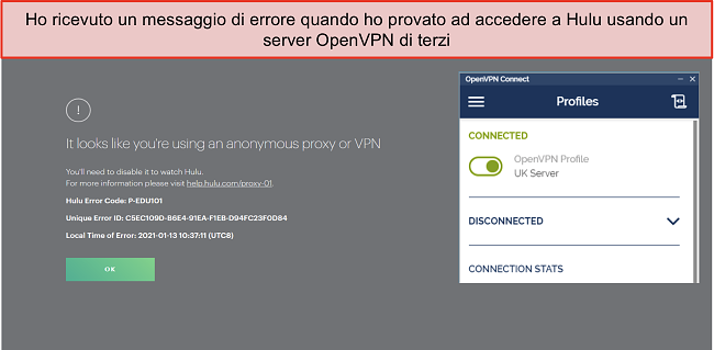 Schermata dell'errore di Hulu VPN, con l'app OpenVPN aperta accanto.