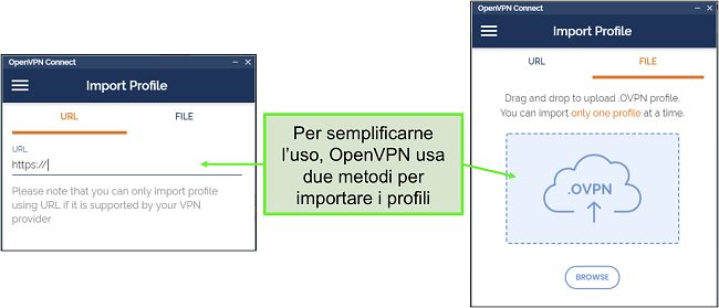 Screenshot dei due modi in cui puoi importare i profili del server nell'interfaccia utente di OpenVPN.