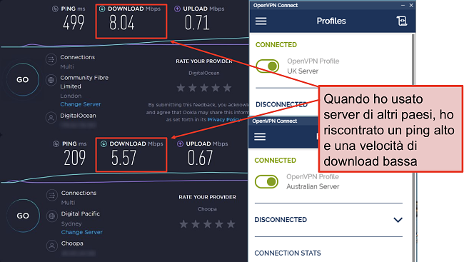 screenshot di due speedtest, uno con un server di Londra, un altro con un server di Sydney