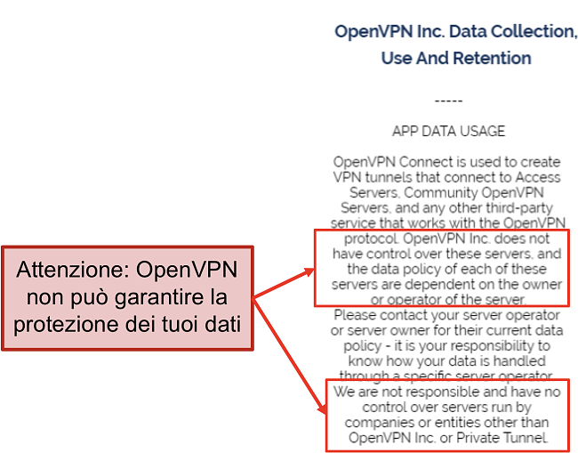 screenshot della politica sulla privacy di OpenVPN.