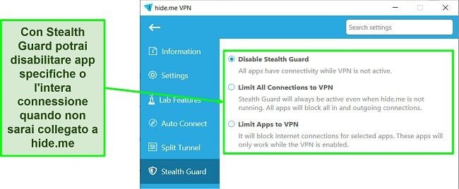 Screenshot delle impostazioni di Stealth Guard nell'app Windows di hide.me