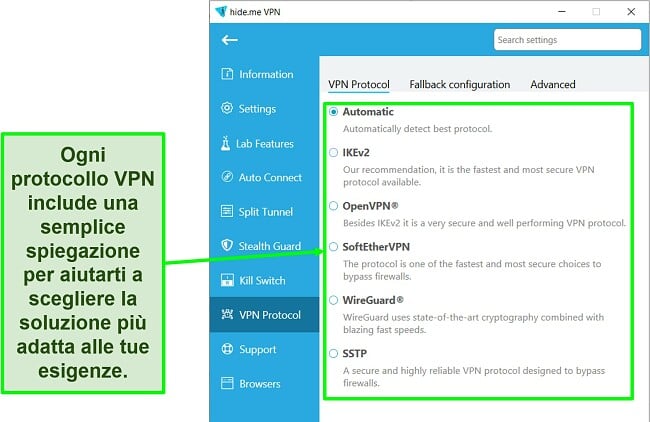 Screenshot dell'elenco dei protocolli VPN di hide.me
