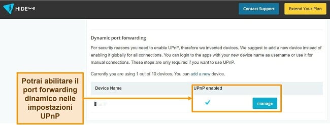Screenshot delle impostazioni di port forwarding dinamico di hide.me
