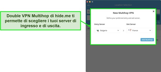 Screenshot della creazione di una doppia connessione VPN Multihop sull'app MacOS di hide.me