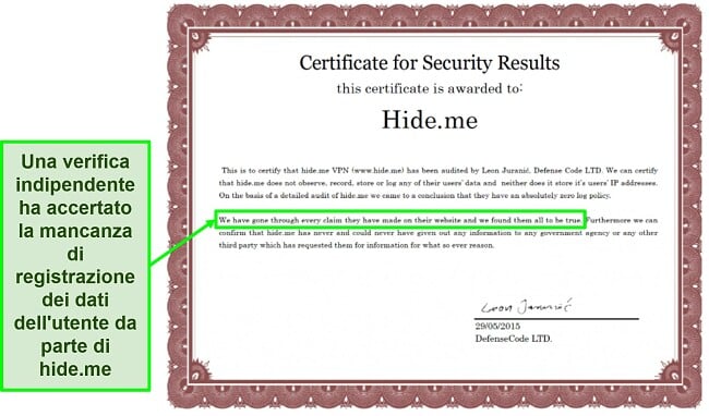 Screenshot del certificato di sicurezza assegnato a hide.me per confermare la sua politica di non registrazione