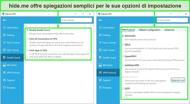 Screenshot delle impostazioni di hide.me