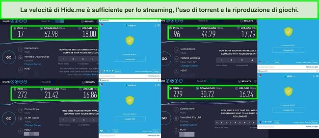 Screenshot dei test di velocità effettuati su 4 server hide.me