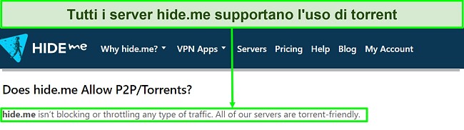 Screenshot delle FAQ di hide.me che confermano che la VPN supporta il torrenting