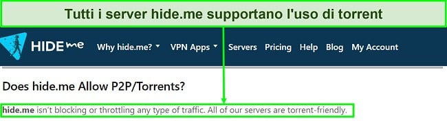 Screenshot delle FAQ di hide.me che confermano che la VPN supporta il torrenting