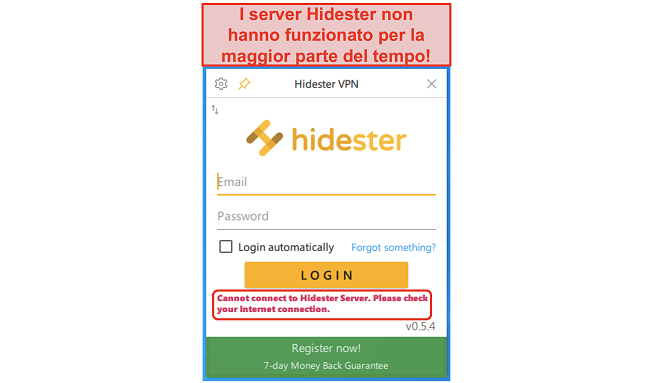 Screenshot di Hidester non in grado di connettersi