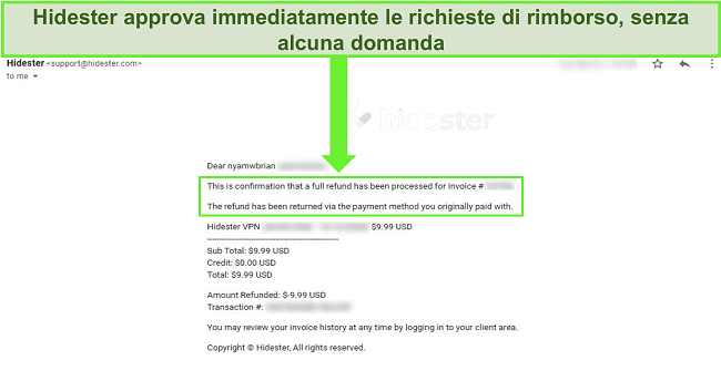 Screenshot dell'assistenza Hidester che approva il rimborso