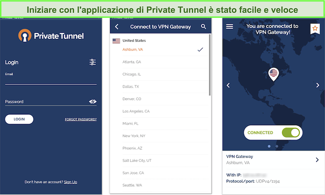 Screenshot dell'app Tunnel privato che mostra i criteri di raccolta, utilizzo e conservazione dei dati, incluso un popup che rivela che è in corso il monitoraggio di una connessione di rete.