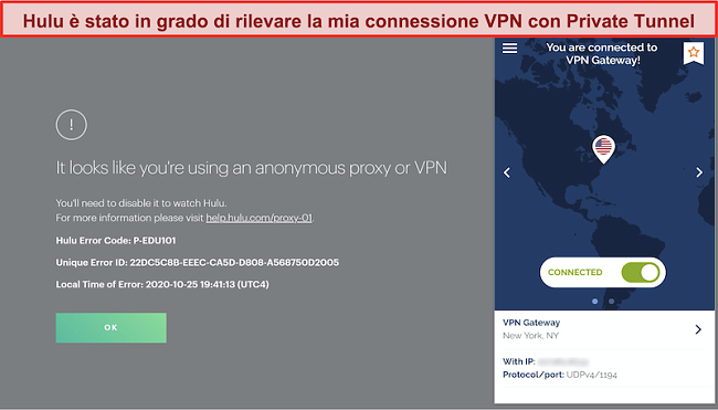 Screenshot di Hulu che blocca la connessione di Private Tunnel VPN