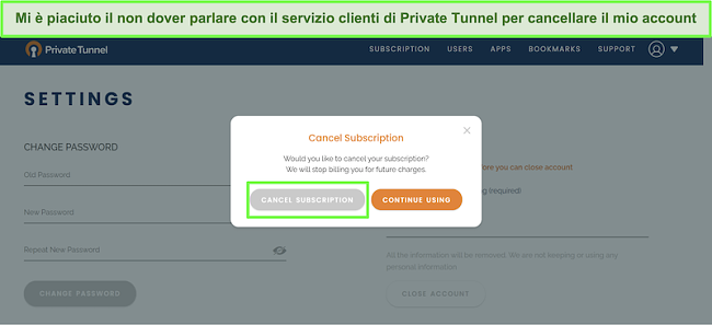 Screenshot del processo di cancellazione dell'abbonamento a Private Tunnel.