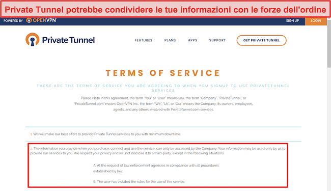 Screenshot dei Termini di servizio di Private Tunnel