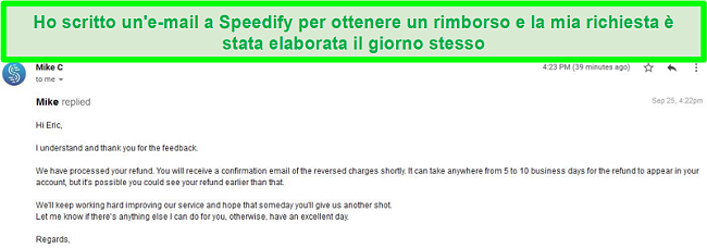 Screenshot di un'e-mail dall'assistenza Speedify che elabora una richiesta di rimborso