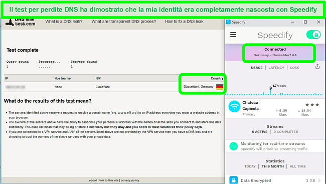 Screenshot di un test di tenuta DNS mentre Speedify è connesso a un server tedesco