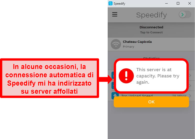 Screenshot dell'interfaccia utente di Speedify che mostra un messaggio di errore indicante che un server è al completo