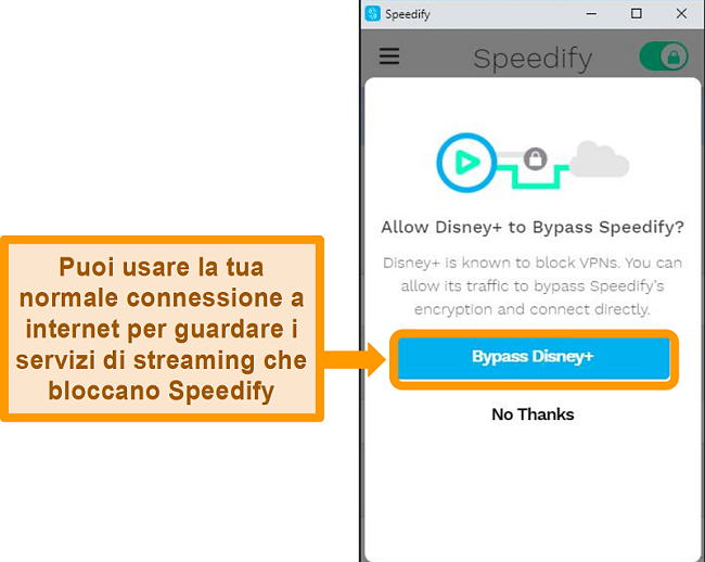 Screenshot dell'interfaccia utente di Speedify che mostra un'opzione di bypass per Disney +