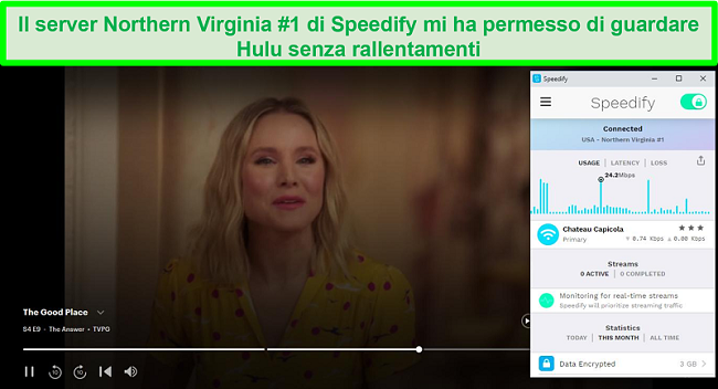 Screenshot di Netflix che riproduce Unbreakable Kimmy Schmidt mentre Speedify è connesso a un server in spagnolo