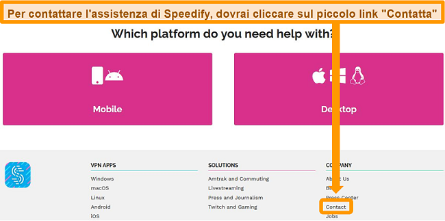 Screenshot della pagina di supporto sul sito Web di Speedify