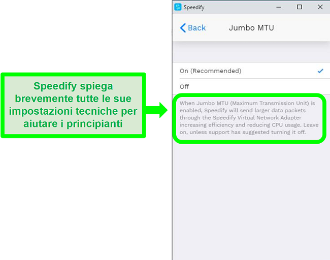 Screenshot di una spiegazione sotto una delle impostazioni di Speedify